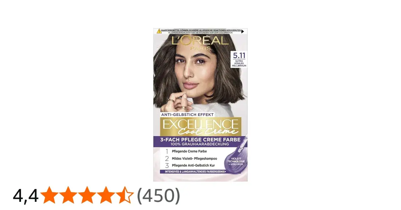 Opakowanie farby do włosów L'Oréal Paris Excellence Cool Creme z modelką i informacją o odcieniu 5.11.