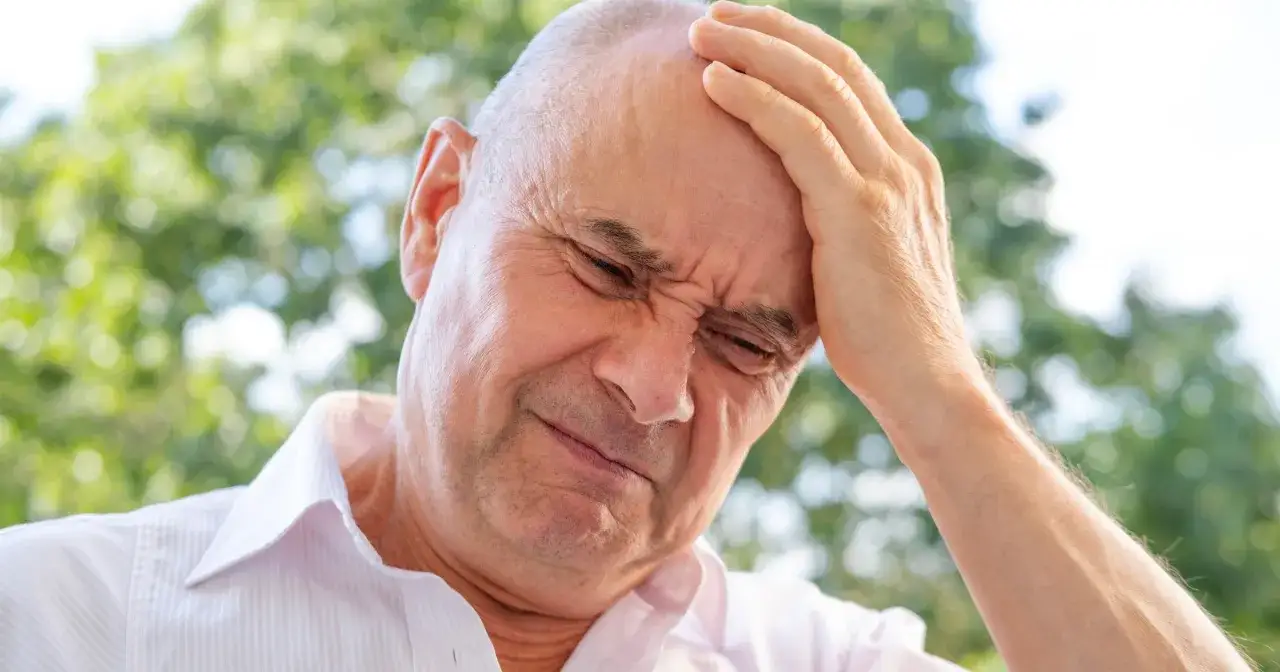 Mężczyzna z ręką na czole, cierpiący z powodu ataków złości, które mogą być objawem choroby.