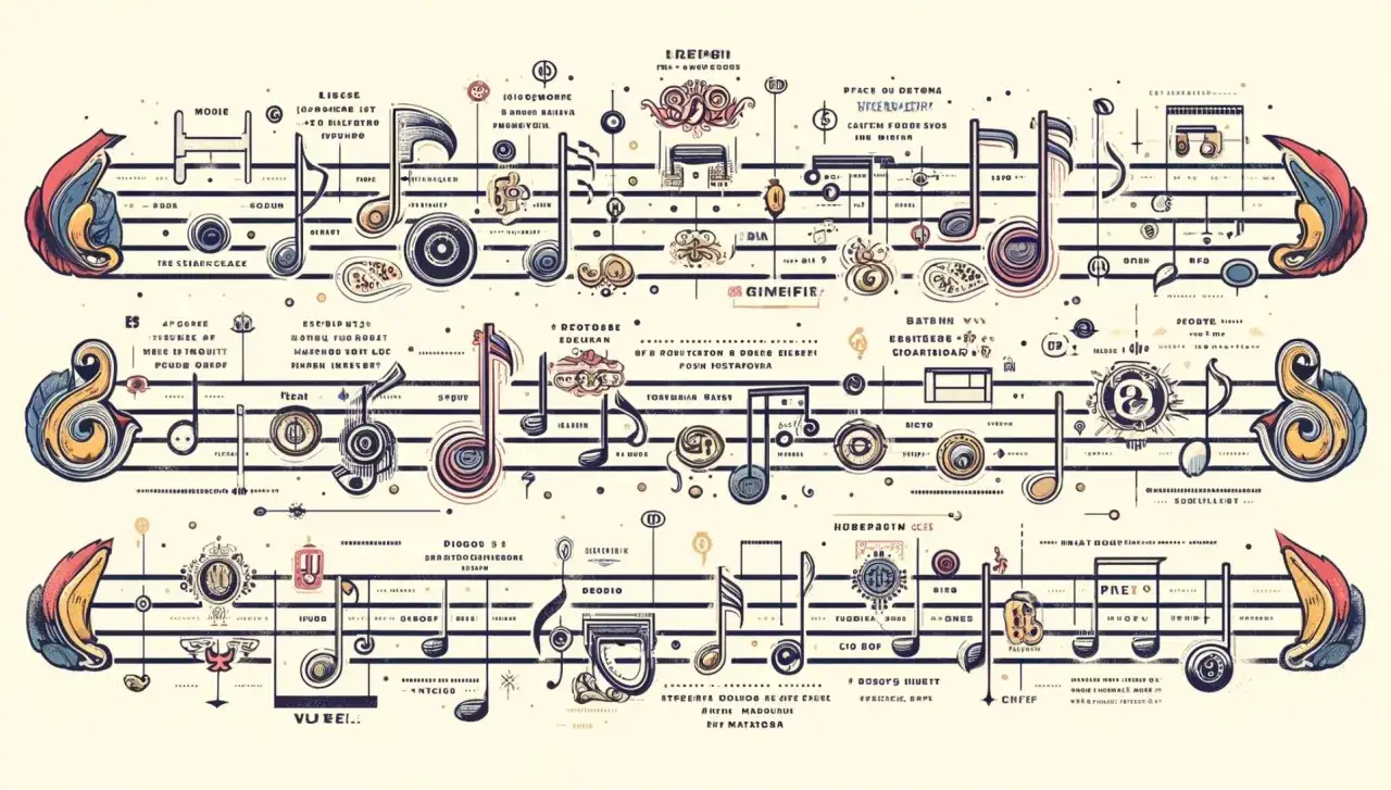 Ilustracja przedstawia skomplikowany system nut i symboli muzycznych, który może pomóc w nauce, jak czytać nuty na skrzypce.