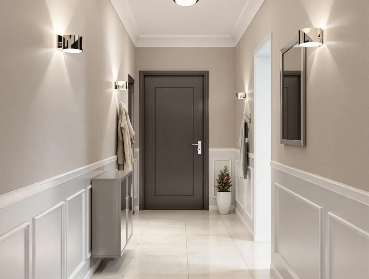 Nowoczesny przedpokój z praktycznymi ścianami ozdobionymi sztukaterią. Dyskretne oświetlenie i lustro dodają elegancji.