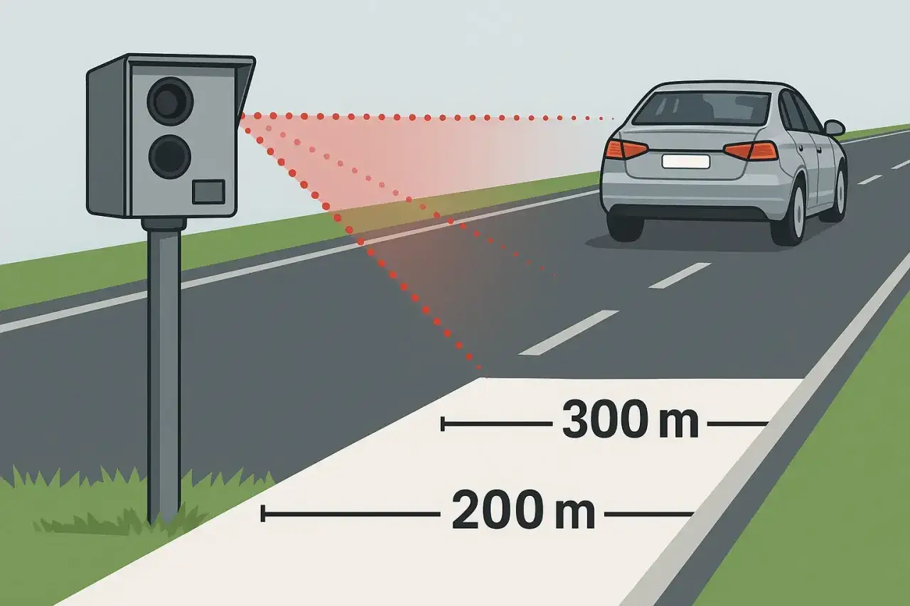 Fotoradar mierzy prędkość pojazdu z odległości 200-300 metrów.