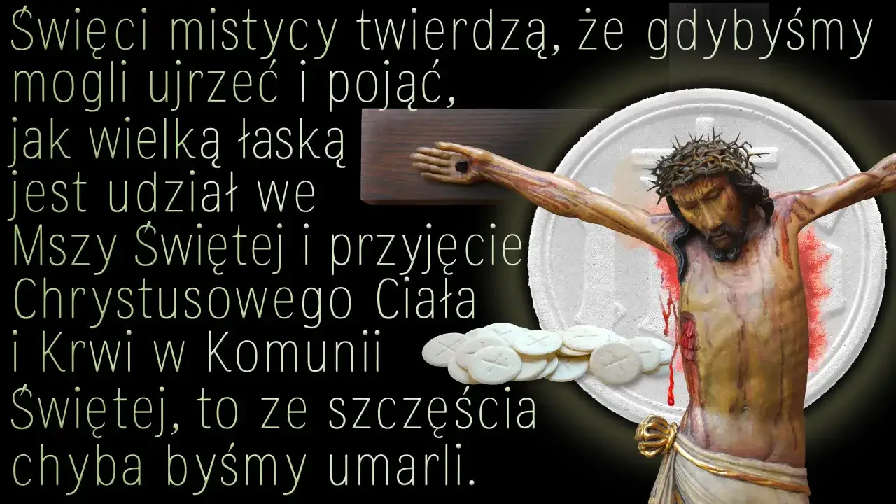 Ofiarowanie podczas mszy to przyjęcie Ciała i Krwi Chrystusa. Obraz przedstawia ukrzyżowanego Jezusa i hostie.