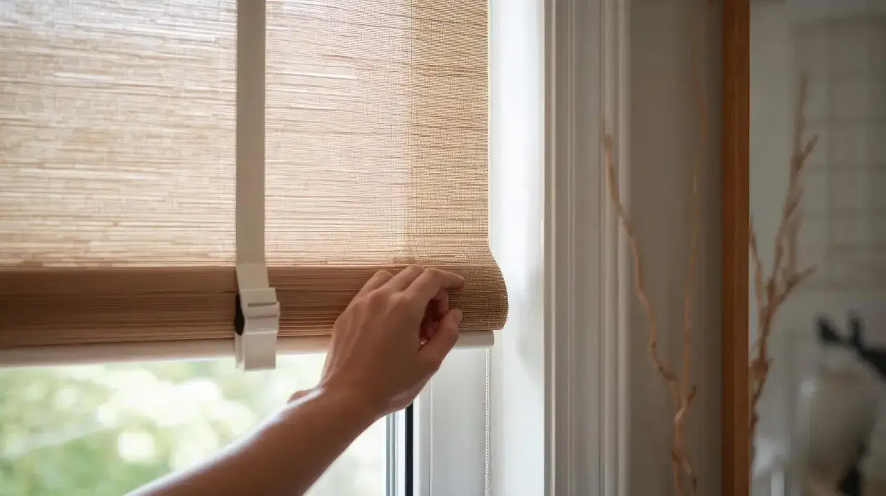 Dłoń delikatnie dotyka rolety, pokazując, jak otworzyć kasetę rolety zewnętrznej.