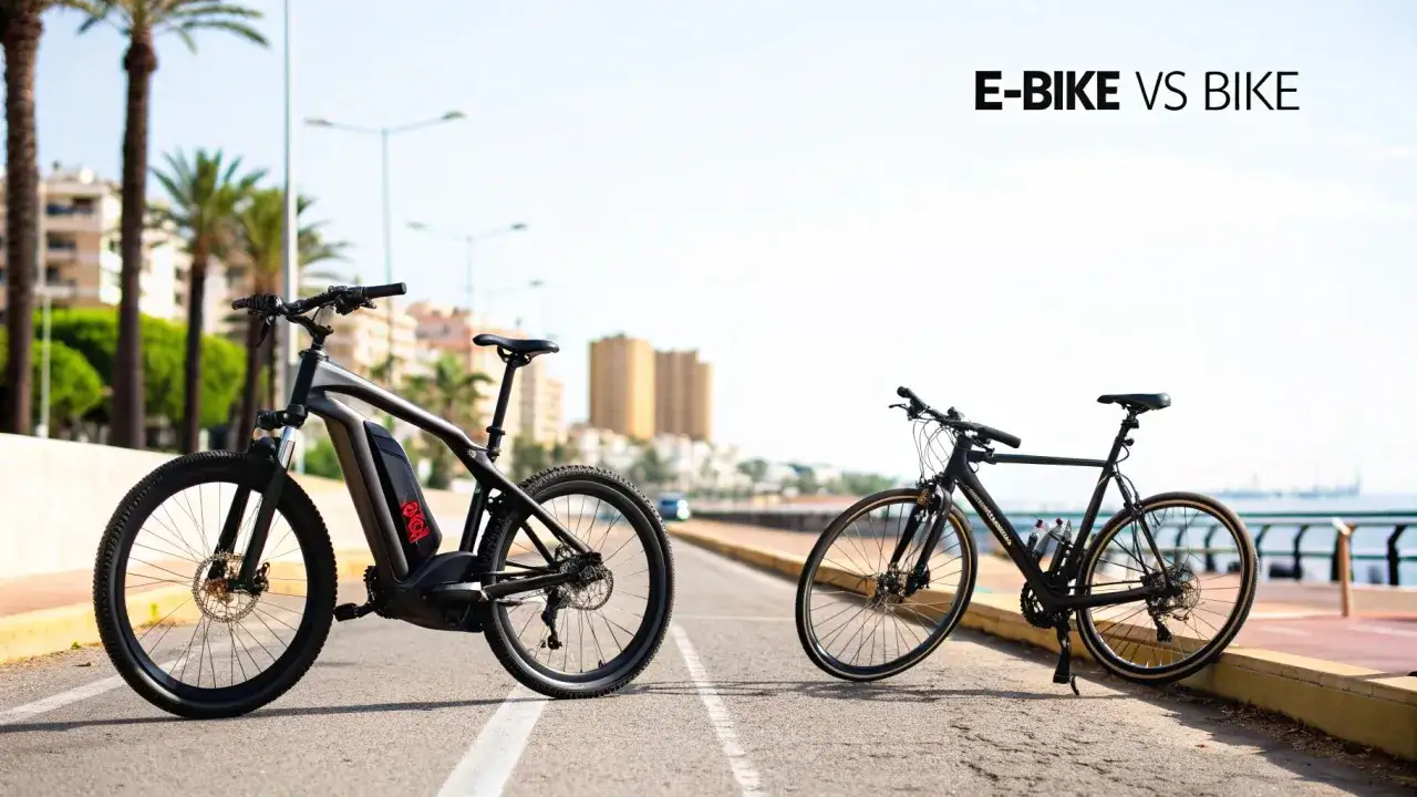 Porównanie wagi roweru elektrycznego i zwykłego roweru. E-bike jest masywniejszy, z widocznym akumulatorem.