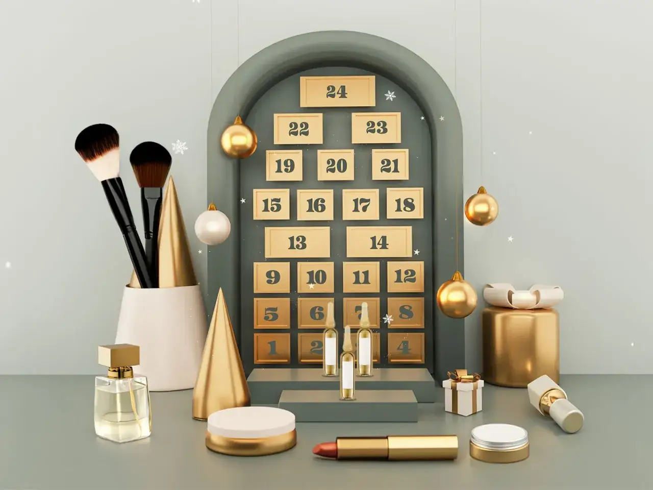 Adventskalender Frauen Kosmetik: Pinsel, Parfum und Lippenstift warten hinter den Türchen. Goldene Kugeln und Weihnachtsbäume schmücken die Szene.