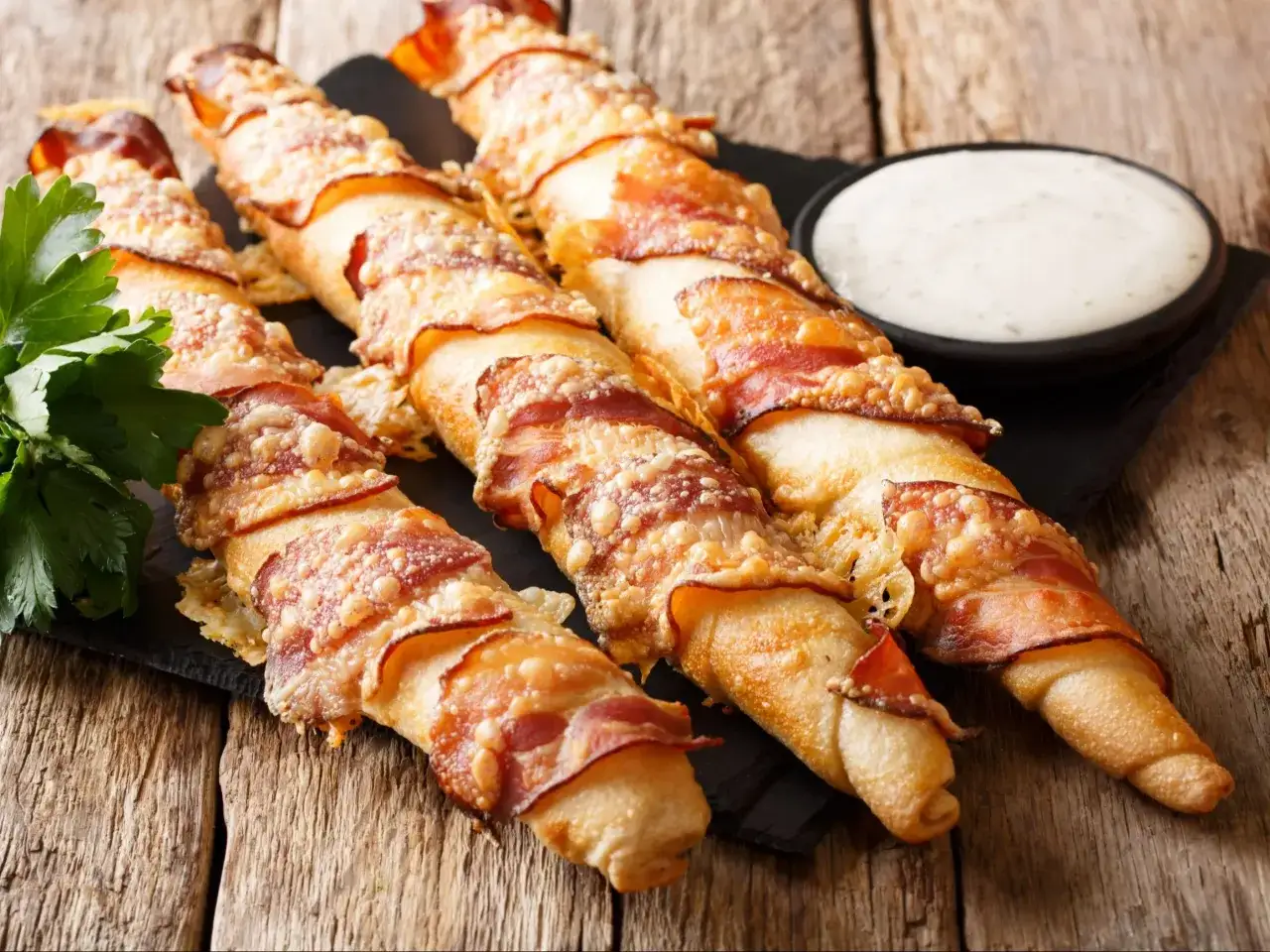 Paluszki z ciasta na pizzę owinięte boczkiem i posypane serem, obok miseczka z sosem.