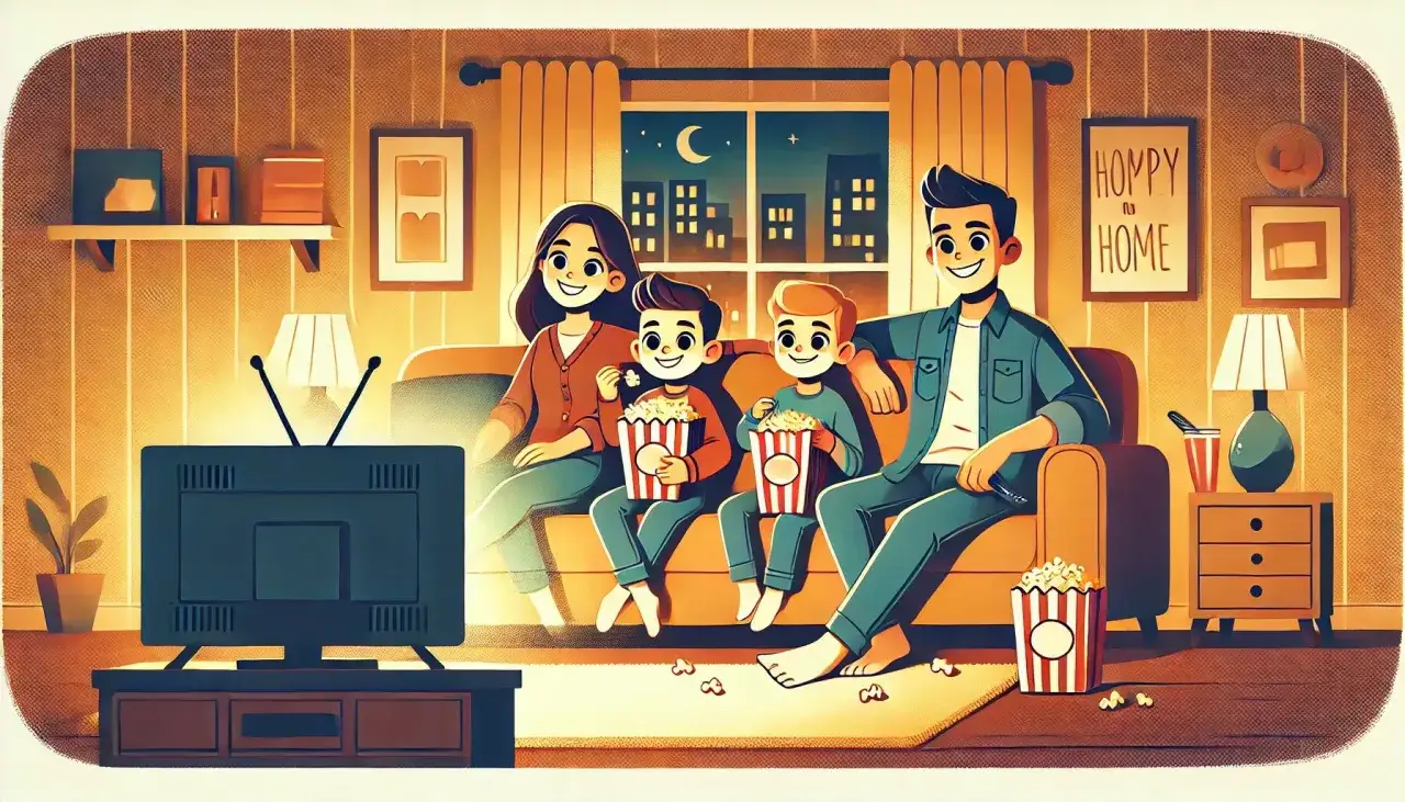 Rodzina ogląda telewizję, jedząc popcorn. Idealny wieczór z serialami do nauki angielskiego.