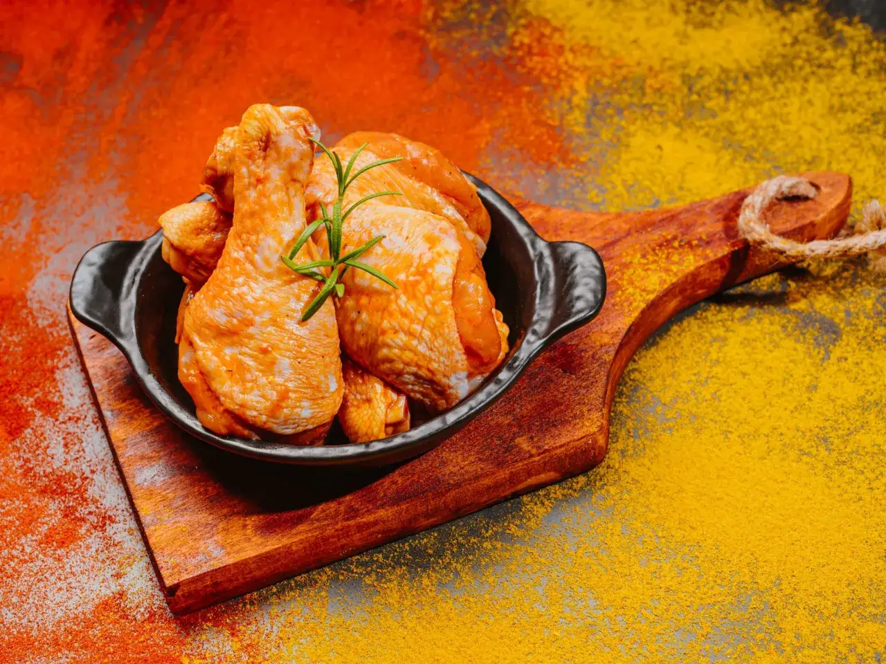 Surowe udka kurczaka w misce, gotowe do przyprawienia. W tle rozsypana papryka i kurkuma – idealne jakie przyprawy do udek z kurczaka.