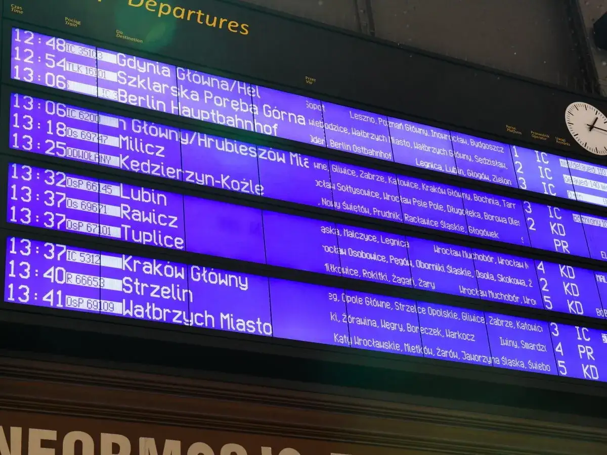 Tablica odjazdów Wrocław Główny pokazuje pociągi do Gdyni, Berlina, Lubina, Rawicza, Tuplic, Krakowa, Strzelina i Wałbrzycha.