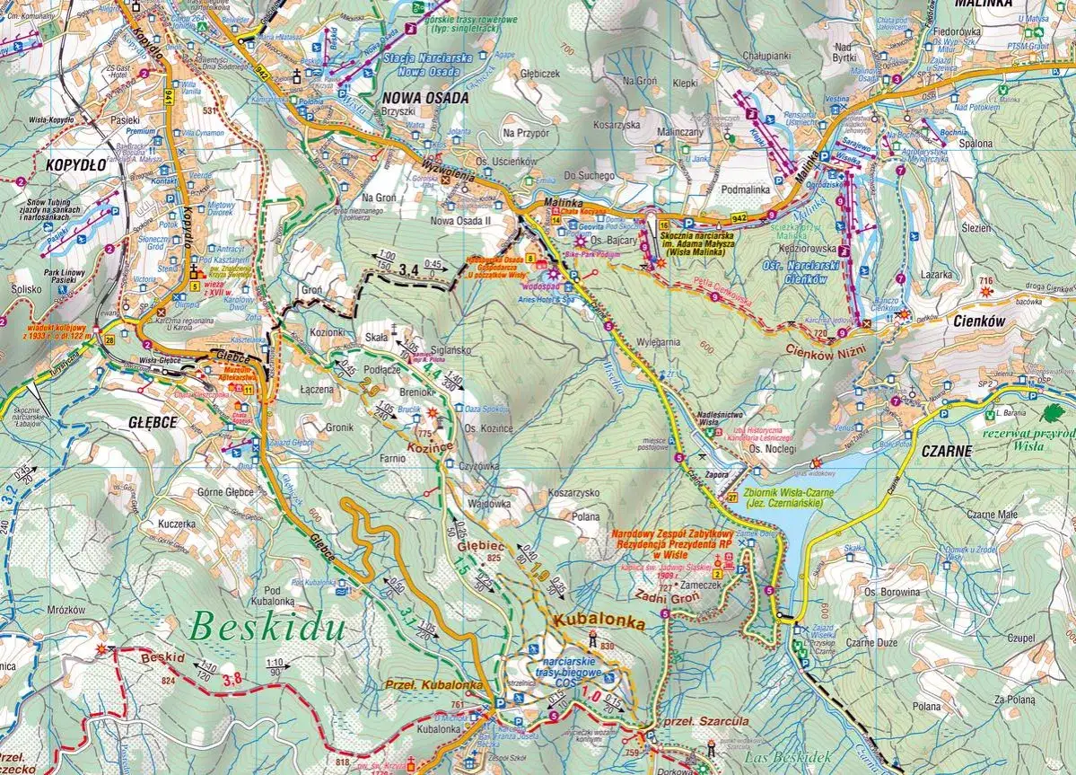 Mapa turystyczna Beskidów z zaznaczonymi szlakami, miejscowościami jak Wisła, Szczyrk, Ustroń. Gdzie leży Warszawa? Na tej mapie jej nie znajdziesz, ale zobaczysz, jak piękne są polskie góry.