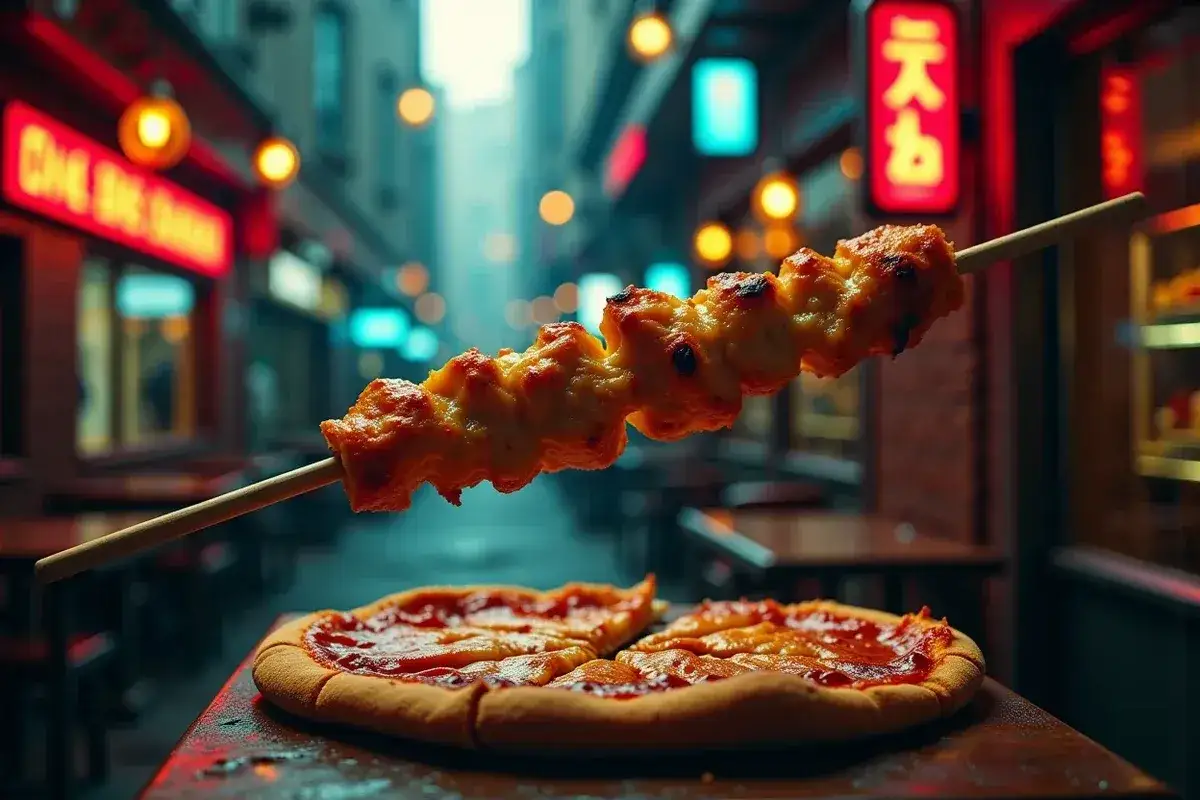 Kebab na patyku nad pizzą na tle nocnej ulicy z neonami.