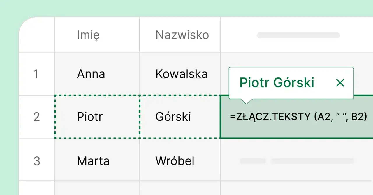 Fragment arkusza kalkulacyjnego Excel z danymi: imię "Piotr" i nazwisko "Górski".