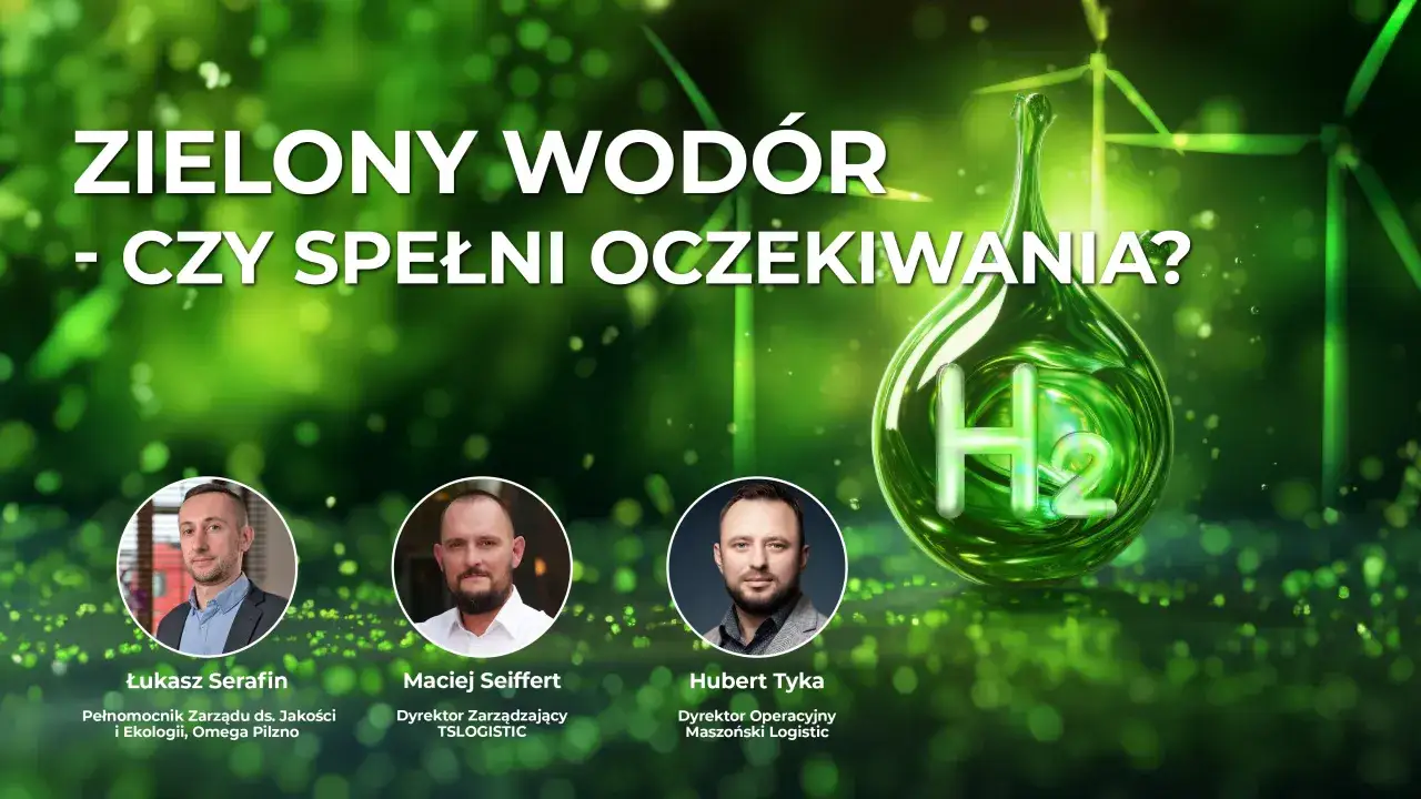 Zielony wodór: czy spełni oczekiwania? Grafika z kroplą H2, wiatrakami i sylwetkami ekspertów.
