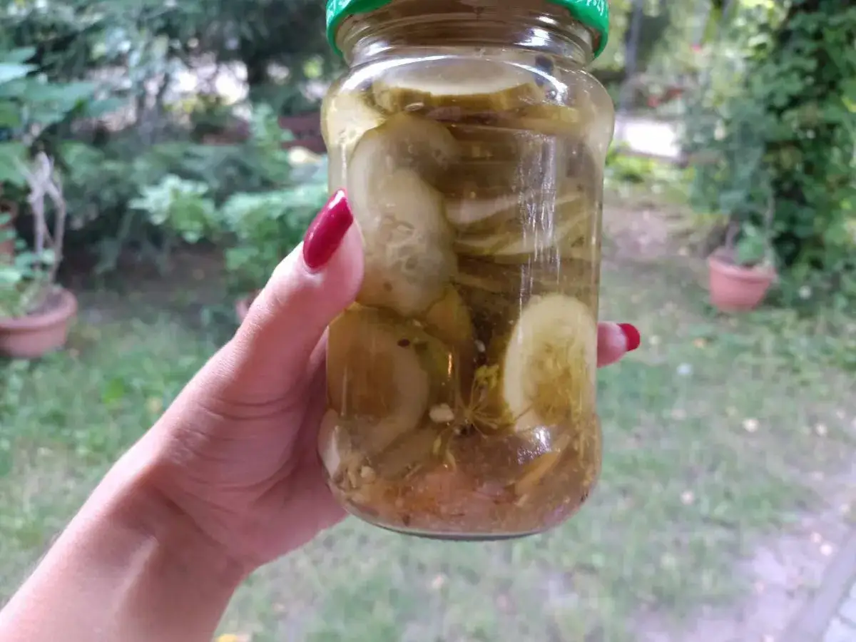 Słoik z ogórkami konserwowymi w dłoni, w tle ogród.