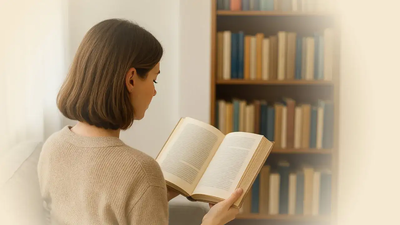 Junge Frau liest ein Buch vor einem Bücherregal.