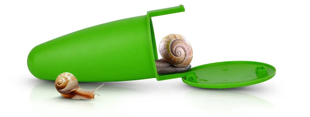 Dwa ślimaki, jeden ucieka, drugi siedzi w zielonym pojemniku. Skuteczne wapno na ślimaki.