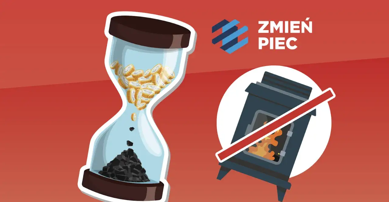 Klepsydra z monetami i węglem symbolizuje czas na wymianę pieca. Ustawa smogowa wzywa do działania.