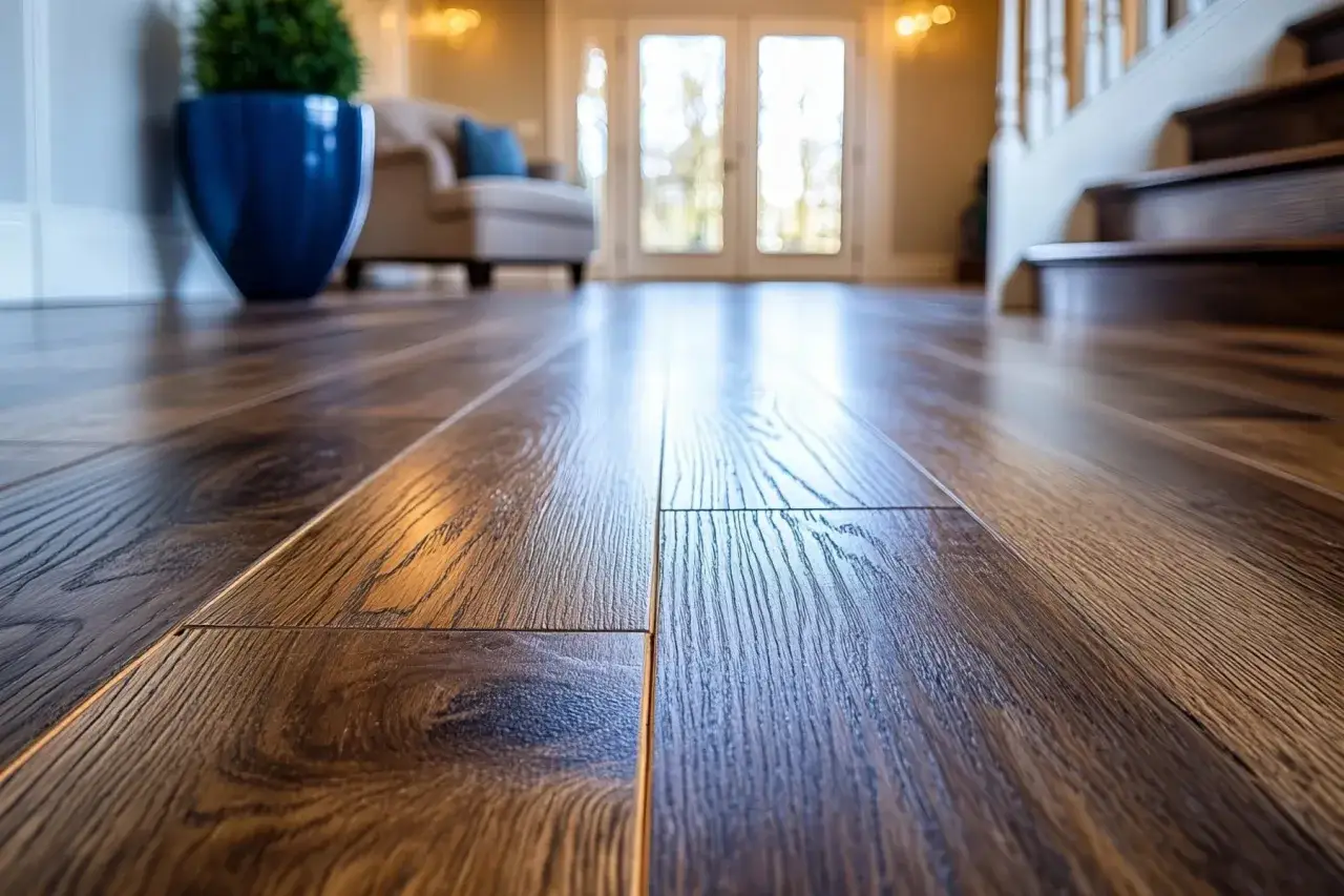 Błyszczące, drewniane panele podłogowe w zbliżeniu, z widocznym meblem i drzwiami w tle.