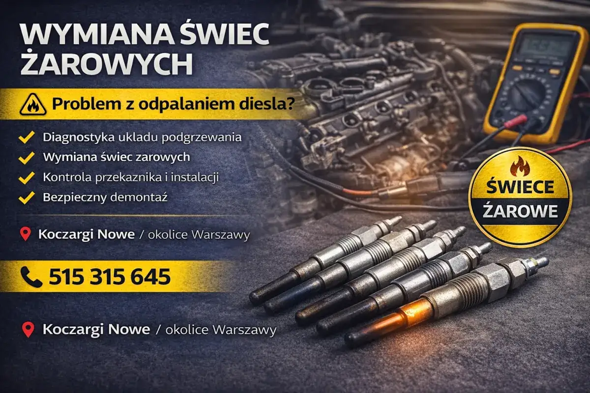 Kilka świec żarowych leżących obok silnika diesla i multimetru.