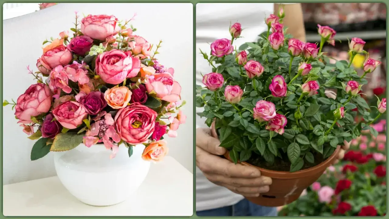 Bukiet róż w wazonie i doniczka z miniaturowymi różami. Co oznacza 10 róż? Symbolizują doskonałość i kompletność.