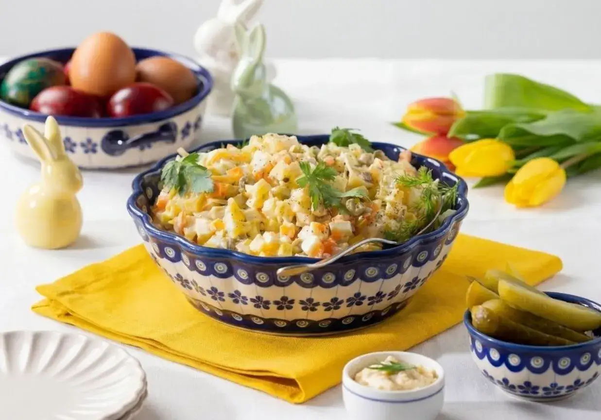 Wielkanocna sałatka jarzynowa, kwestia smaku, w ozdobnej misie, obok jajek i tulipanów.