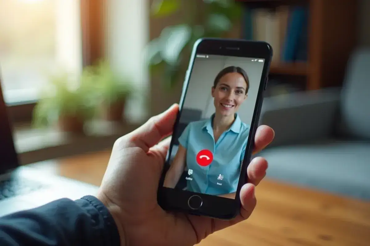 Dłoń trzyma smartfon z rozmową wideo. Na ekranie uśmiechnięta kobieta. Dowiedz się, jak włączyć nagrywanie rozmów w telefonie.