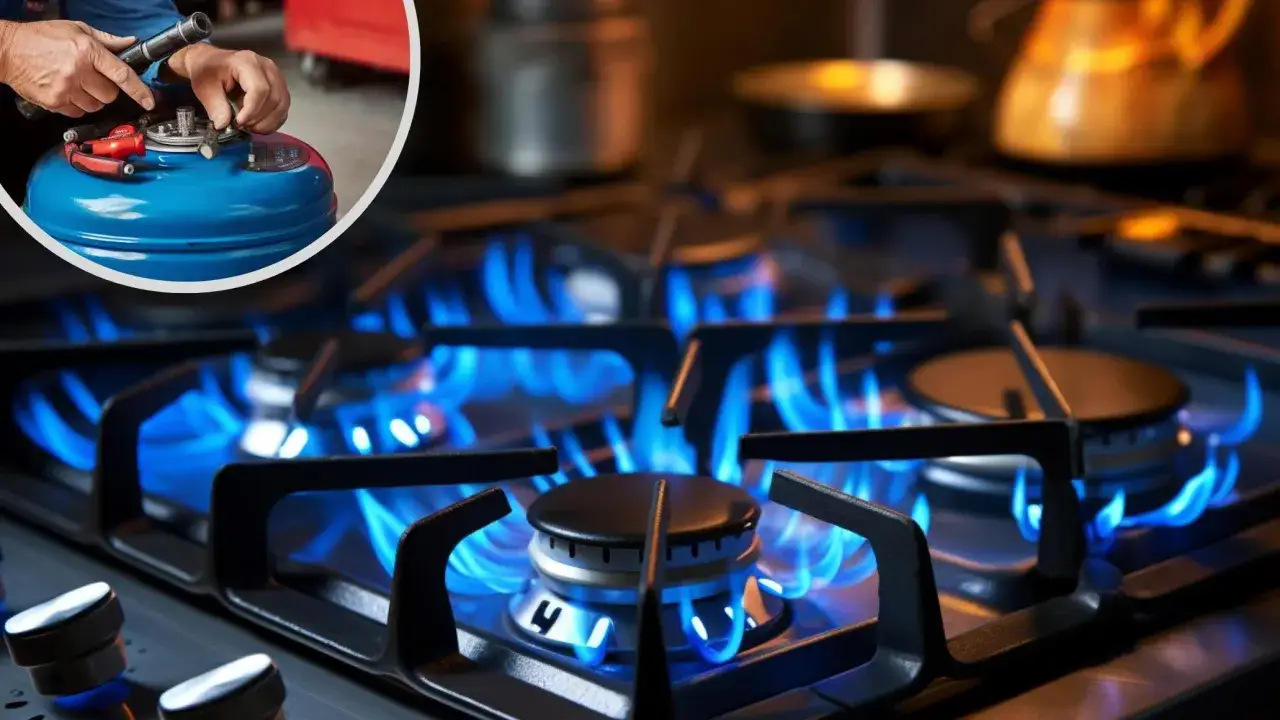 Czy butla z gazem może stać na mrozie? Ręce podłączają butlę do kuchenki gazowej z płonącymi palnikami.