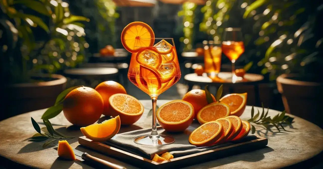 Orzeźwiający drink z Metaxą, udekorowany plastrami pomarańczy i lodem, na tle ogrodu. Idealny na letnie popołudnie.