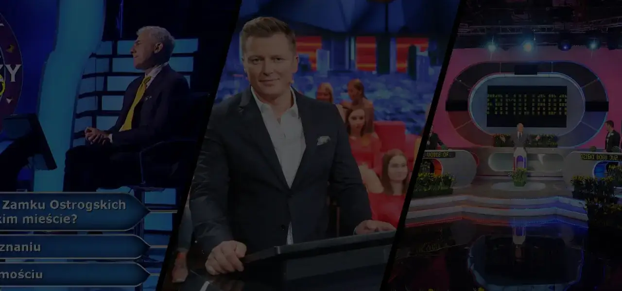 Trzy sceny z teleturniejów, w tym prowadzący i uczestnicy. Czy to melodia vod?