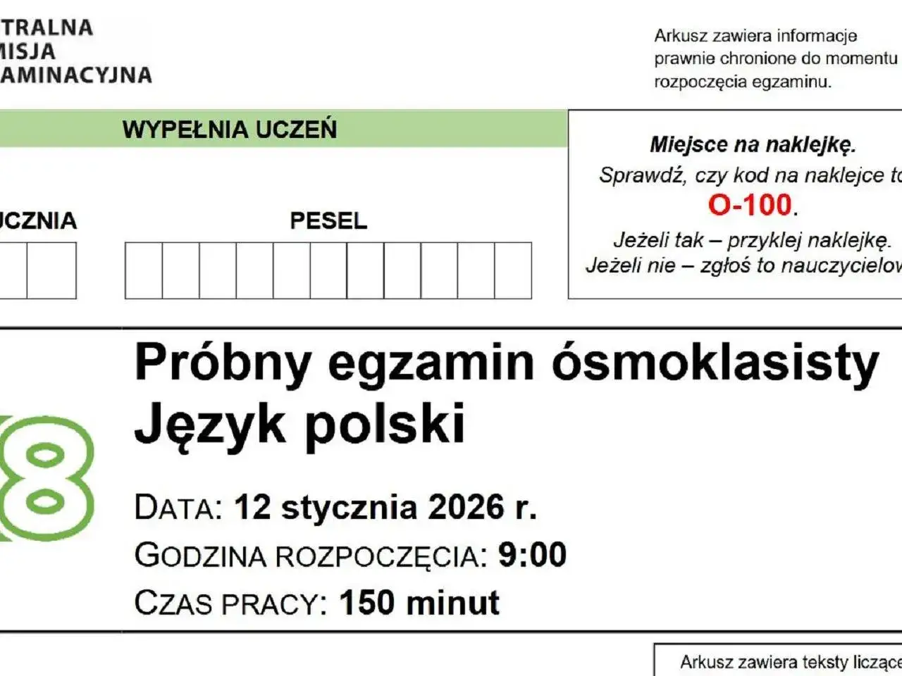 Próbny egzamin ósmoklasisty z języka polskiego odbędzie się 12 stycznia 2026 r. o 9:00.