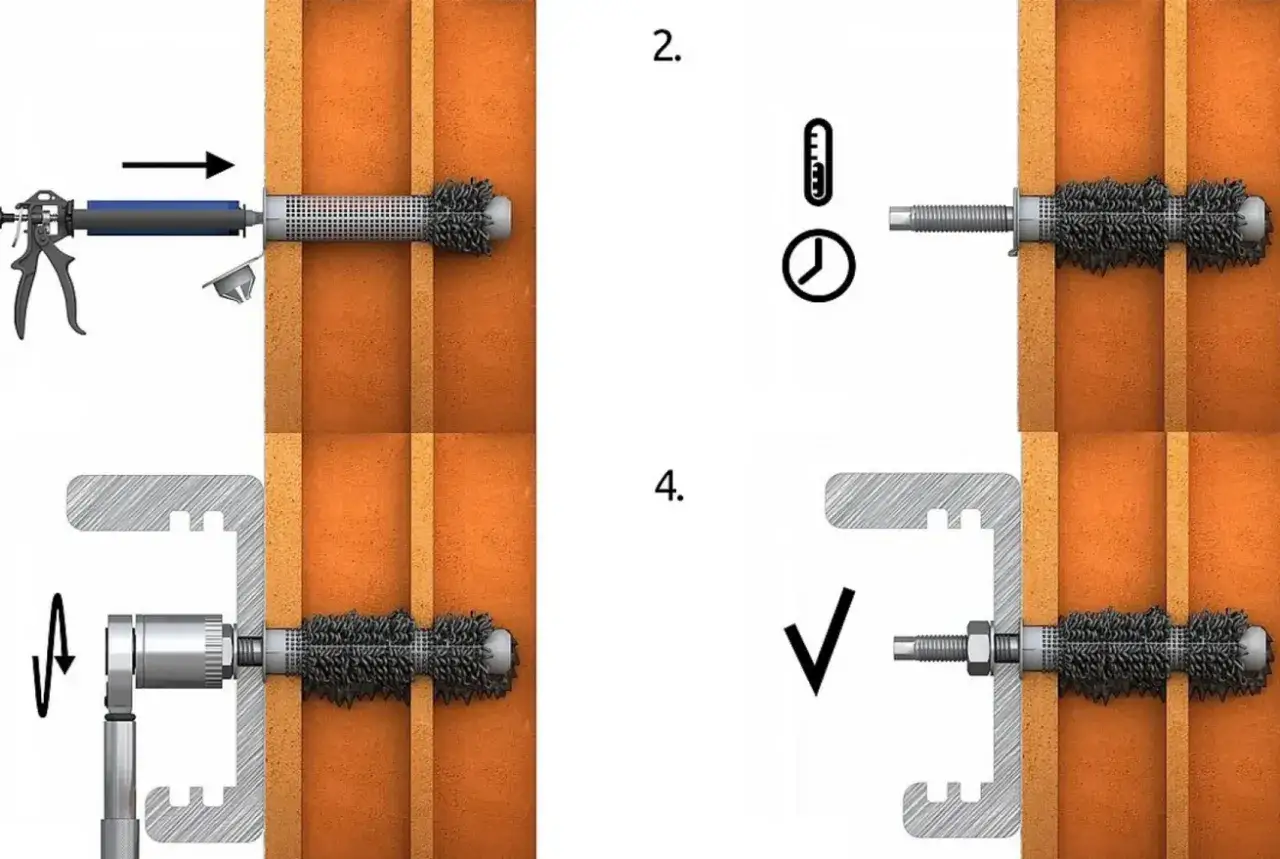 Ilustracja przedstawia montaż kotwy chemicznej z koszykiem w pustaku.