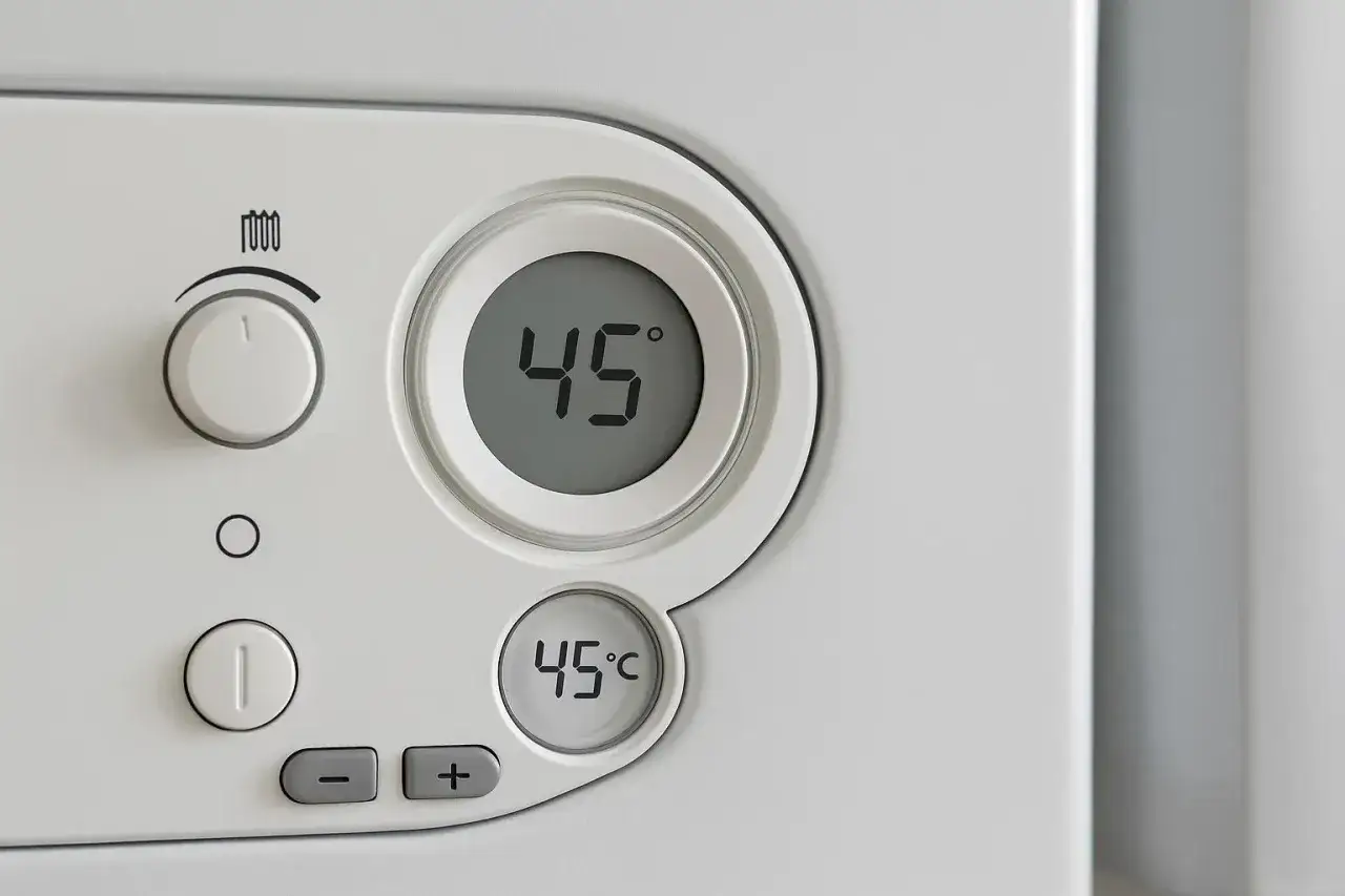 Panel sterowania pieca gazowego Vaillant z wyświetlaczem 45°C. Pokrętło regulacji temperatury ustawione na 1. Ekonomiczne ustawienie pieca gazowego Vaillant.