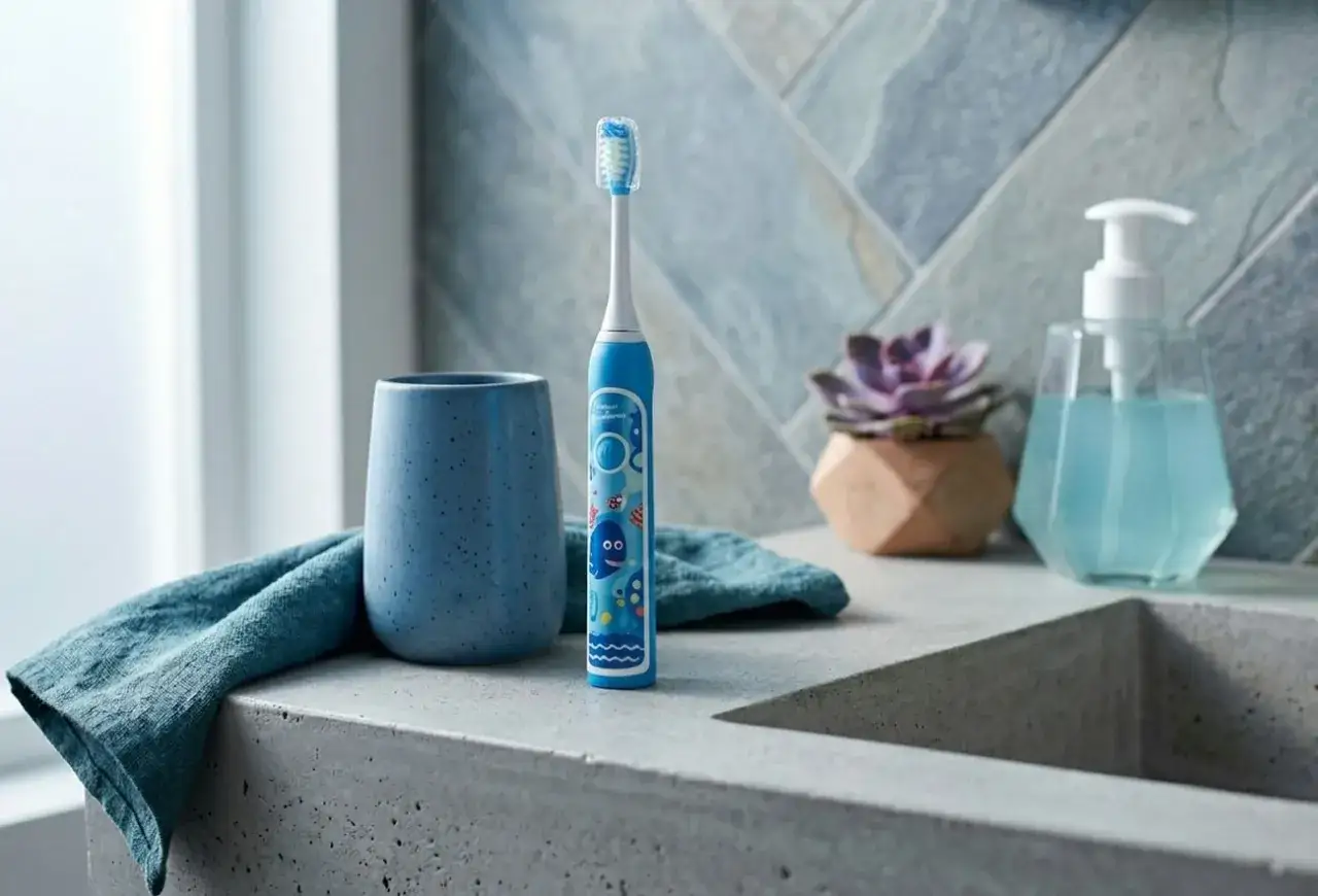 Niebieska szczoteczka soniczna czy elektryczna dla dzieci z motywem morskim. Obok kubek, mydelniczka i roślinka.