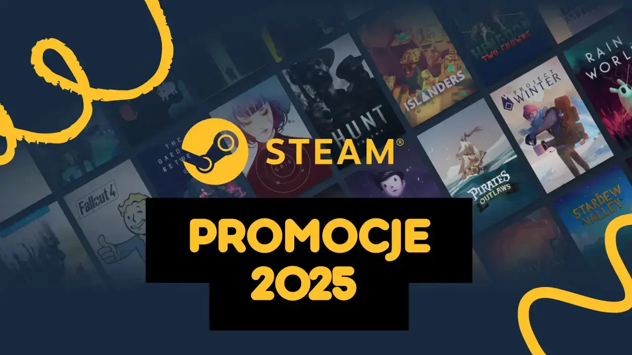 Grafika przedstawia logo Steam i kolaż okładek gier, z napisem "Promocje 2025".