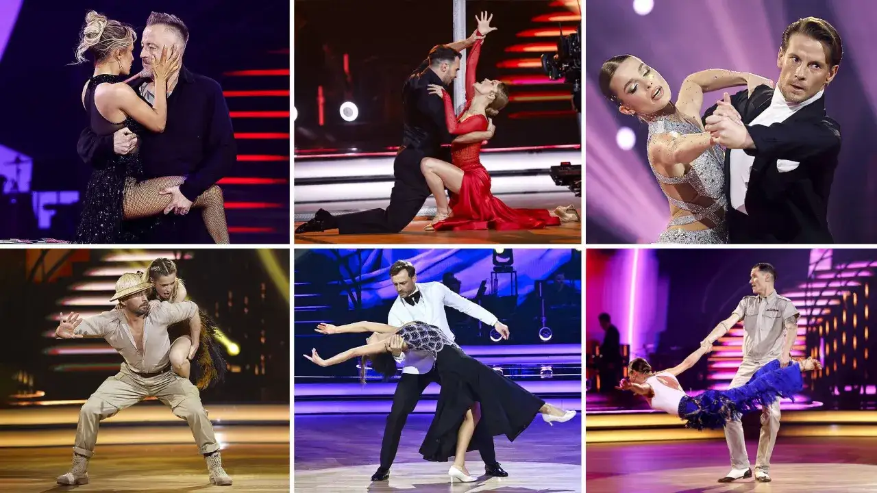 Pary tańczące w rytm piosenek do tańca. Widać ich w różnych stylizacjach i układach choreograficznych na scenie.