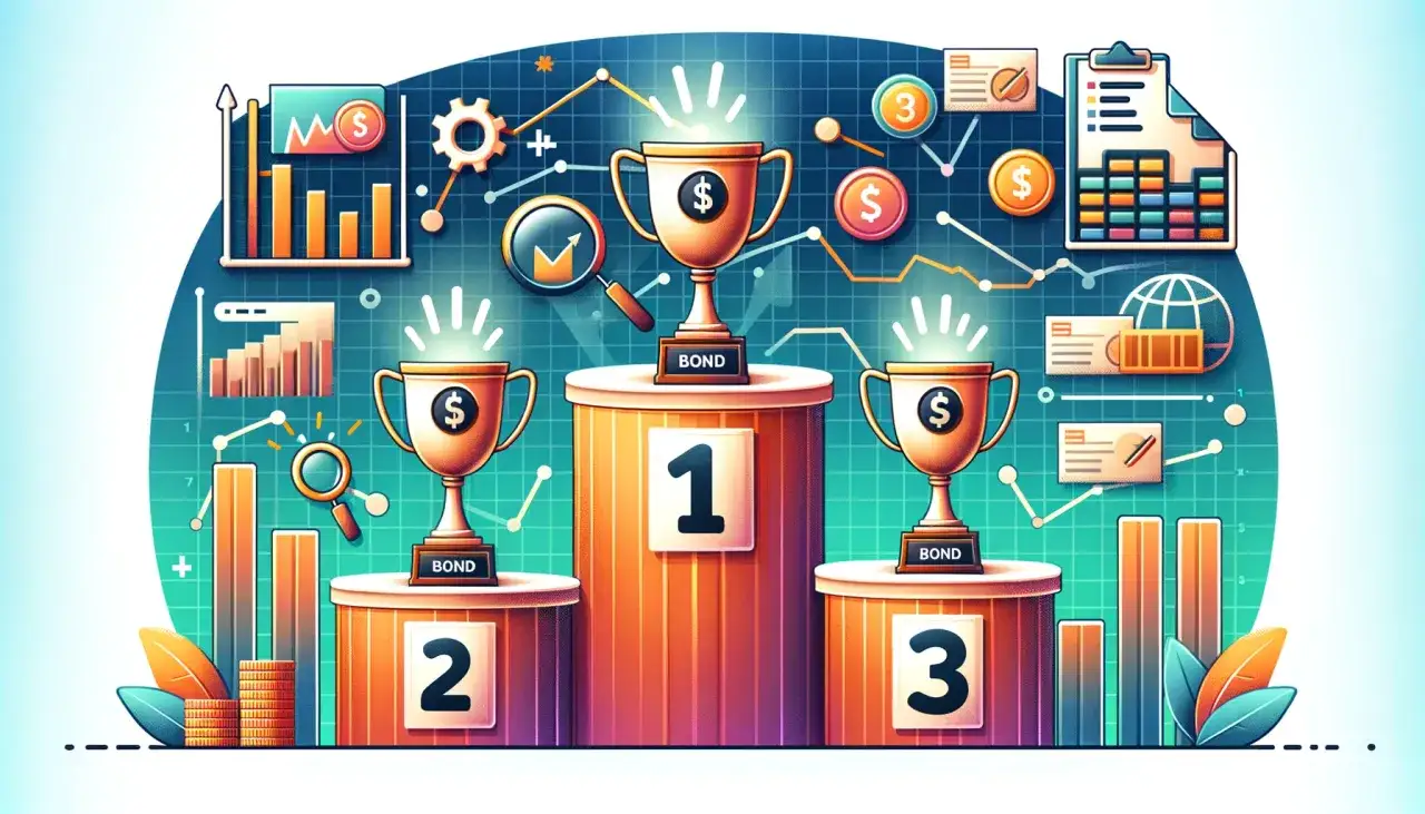 Trzy puchary na podium z numerami 1, 2, 3, symbolizujące najlepsze obligacje.