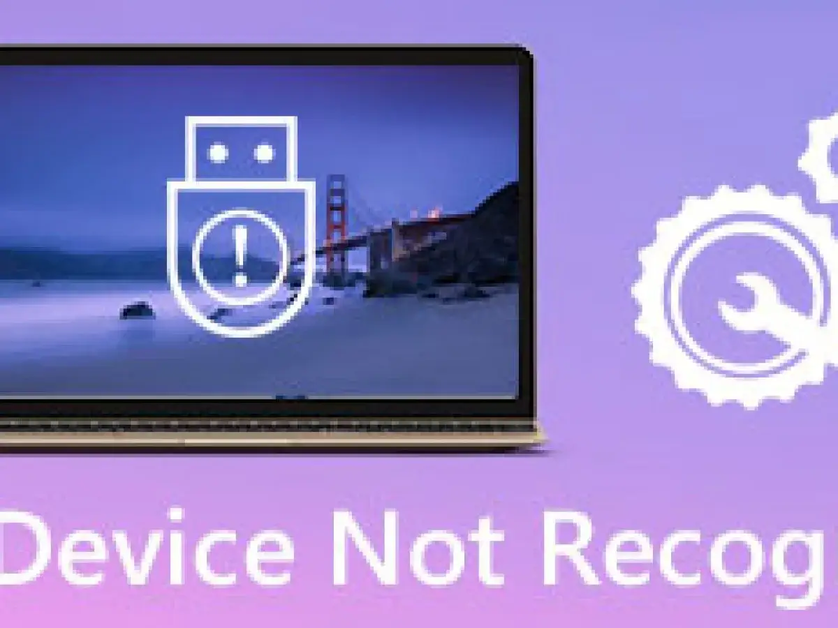 Komputer wyświetla komunikat "nie rozpoznano urządzenia usb". Ikona pendrive'a z wykrzyknikiem na tle mostu Golden Gate.