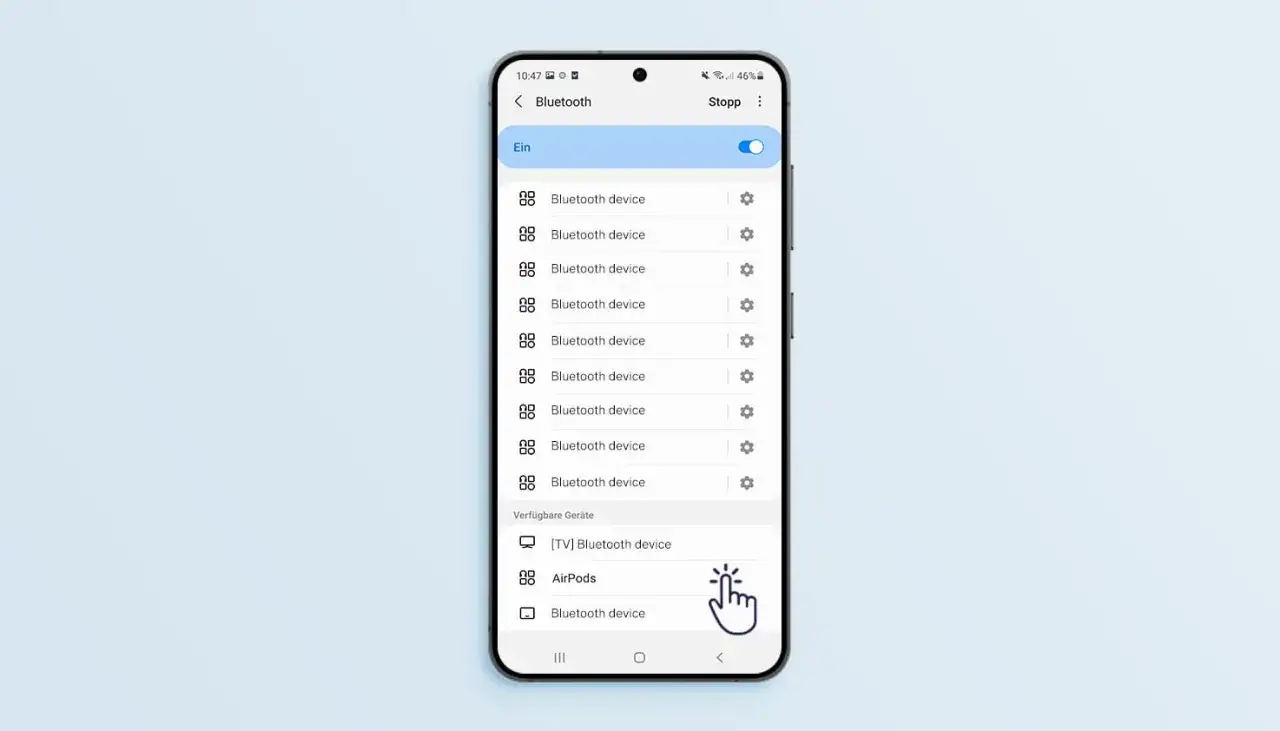 Smartphone-Bildschirm zeigt Bluetooth-Einstellungen mit AirPods als verfügbares Gerät.