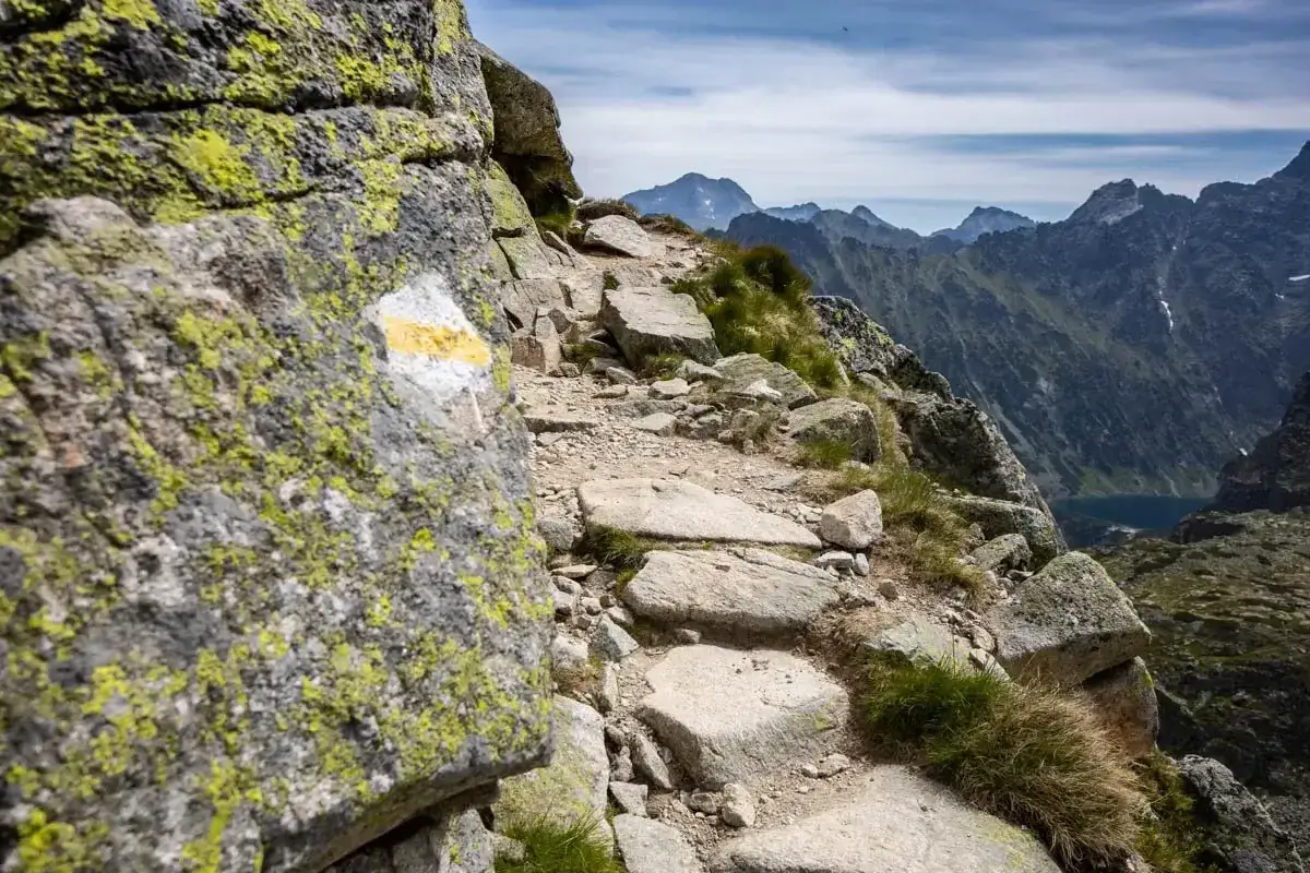 Kamienista ścieżka w Tatrach, oznaczona żółto-białym znakiem, prowadzi przez skaliste zbocze. Takie szlaki w Tatrach jak powstały, to efekt pracy ludzi i natury.
