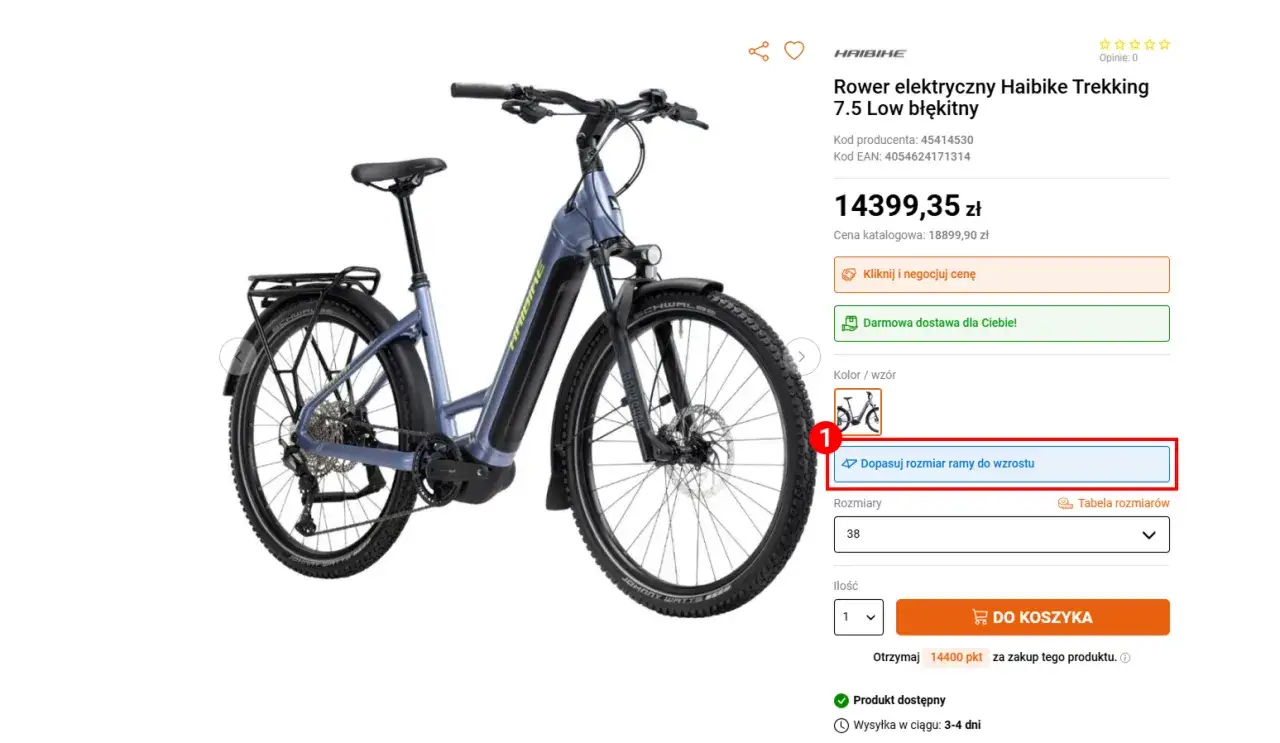 Błękitny rower elektryczny Haibike Trekking 7.5 Low. Wybierz odpowiedni rozmiar ramy do wzrostu, aby dopasować swój idealny reach w rowerze.