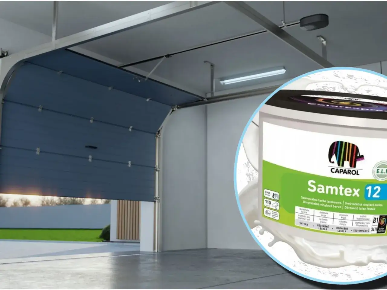 Biały pojemnik z farbą Samtex 12 Caparol na tle otwartej bramy garażowej.