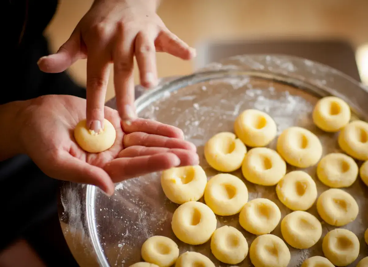 Dłonie formują okrągłe kluski z wgłębieniem na tacy.