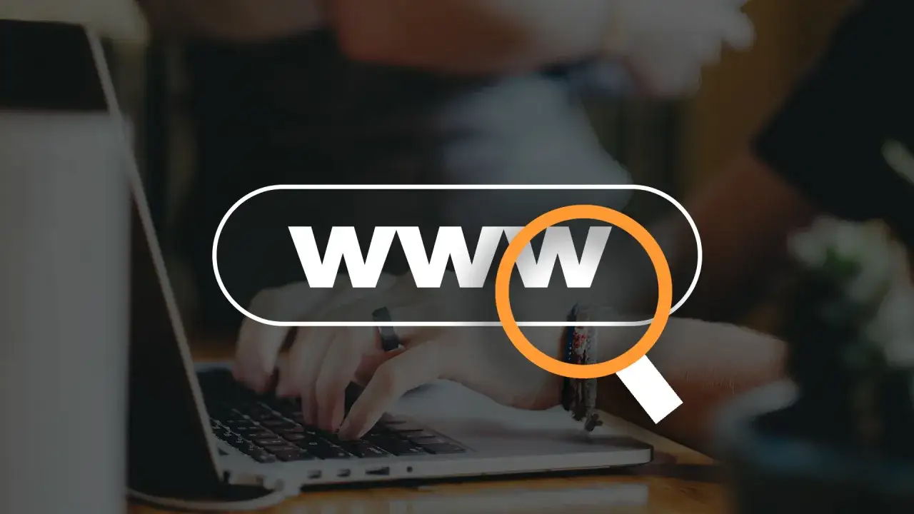 Dłonie piszące na laptopie, z lupą nad napisem "WWW".