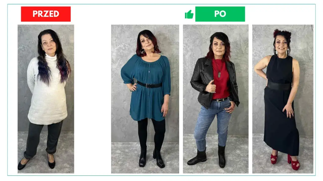 Kobieta prezentuje cztery różne stylizacje: luźny sweter i spodnie, sukienkę, jeansy z ramoneską i sukienkę maxi.