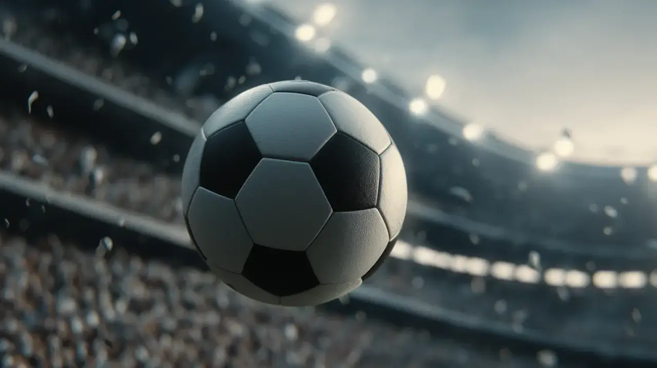 Piłka nożna w locie nad trybunami stadionu. Idealna, by zadać pytanie: jaka piłka dla 7 latka?