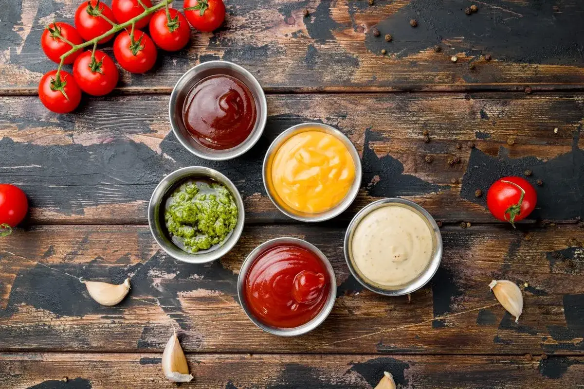 Pięć sosów do grilla: ketchup, musztarda, sos czosnkowy, sos barbecue i zielony sos. Obok pomidory i czosnek.