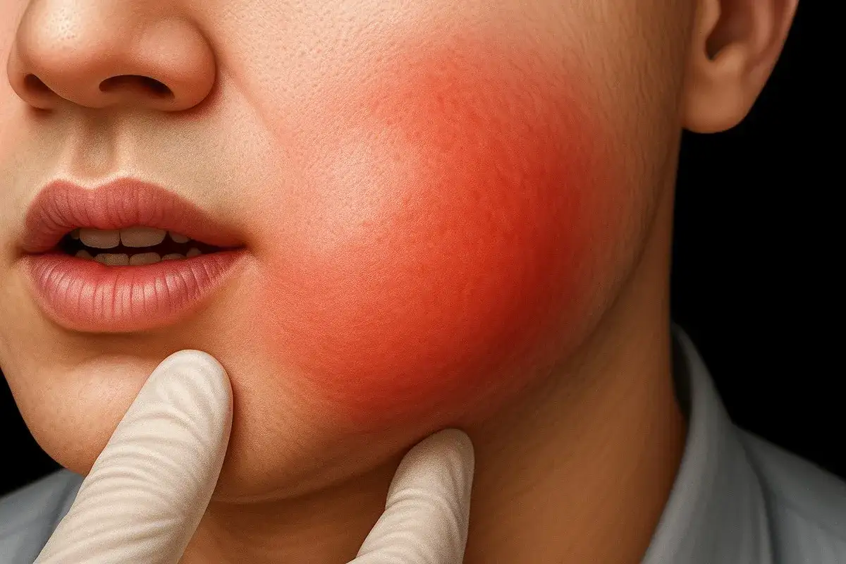 Opuchlizna policzka i zaczerwienienie wskazują na ropień zęba. Palec w rękawiczce delikatnie dotyka bolącego miejsca.