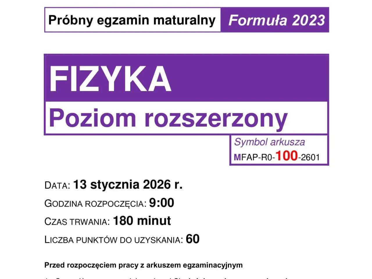 Próbny egzamin maturalny CKE z fizyki na poziomie rozszerzonym, formuła 2023. Data: 13 stycznia 2026 r.