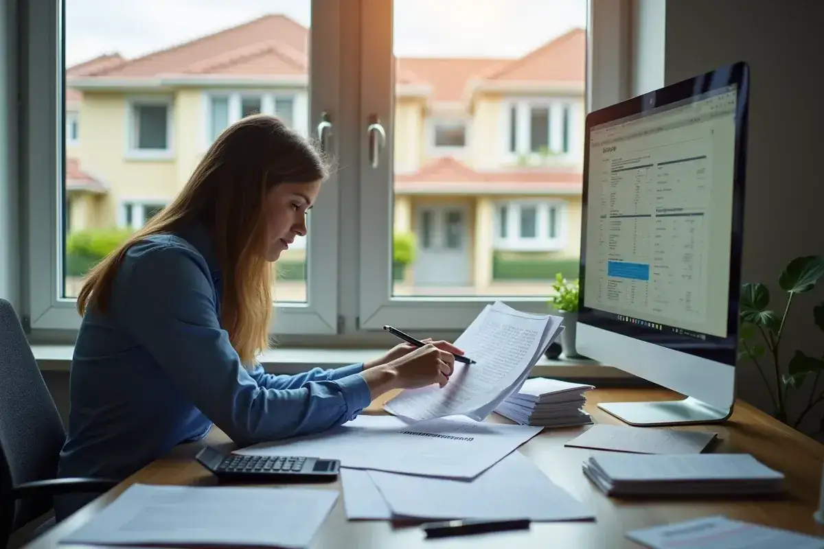 Kobieta przy biurku analizuje dokumenty, obok komputer z arkuszem kalkulacyjnym.