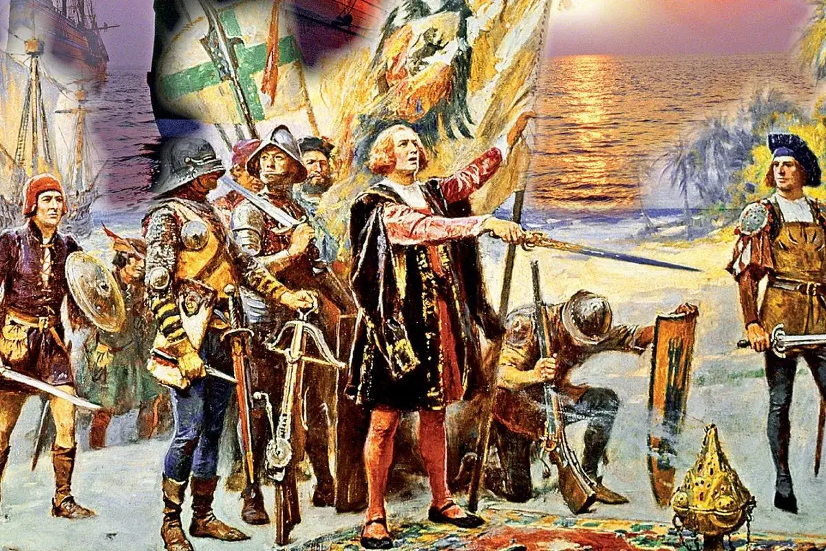 Chwila, gdy Kolumb dotarł do Ameryki. Europejscy odkrywcy z flagami i bronią na tle statków i oceanu.